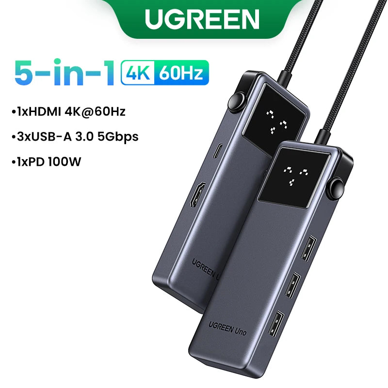 UGREEN Uno USB-C Hub | HDMI 4K60Hz / 2K120Hz, RJ45 1000 Mbps, PD100W, razdelilnik USB 3.0 za MacBook in prenosnike