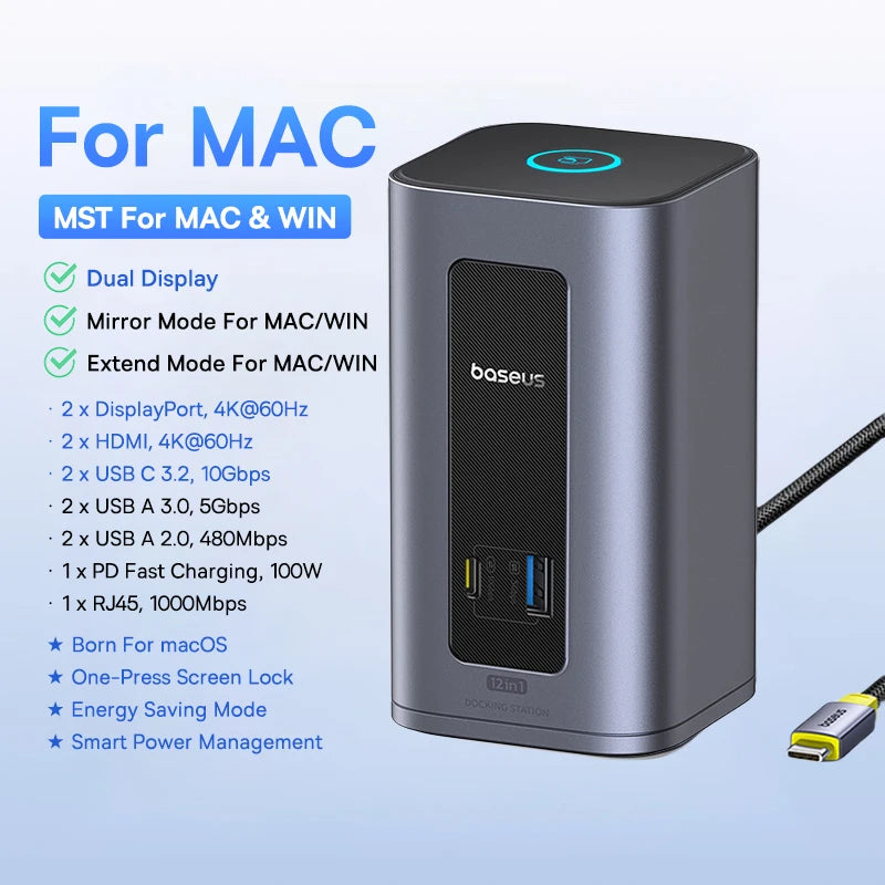 Bazna postaja Baseus 12-v-1 USB-C HUB | DisplayPort + HDMI 4K@60Hz MST, USB 3.2, RJ45, PD 100W