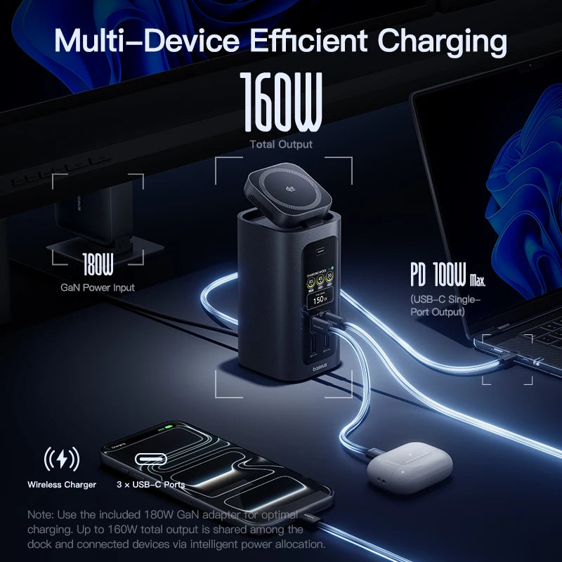 Baseus 160W 15‑v‑1 USB‑C zvezdišče | Dvojni HDMI 4K@120Hz, Qi2.2 25W brezžični polnilnik