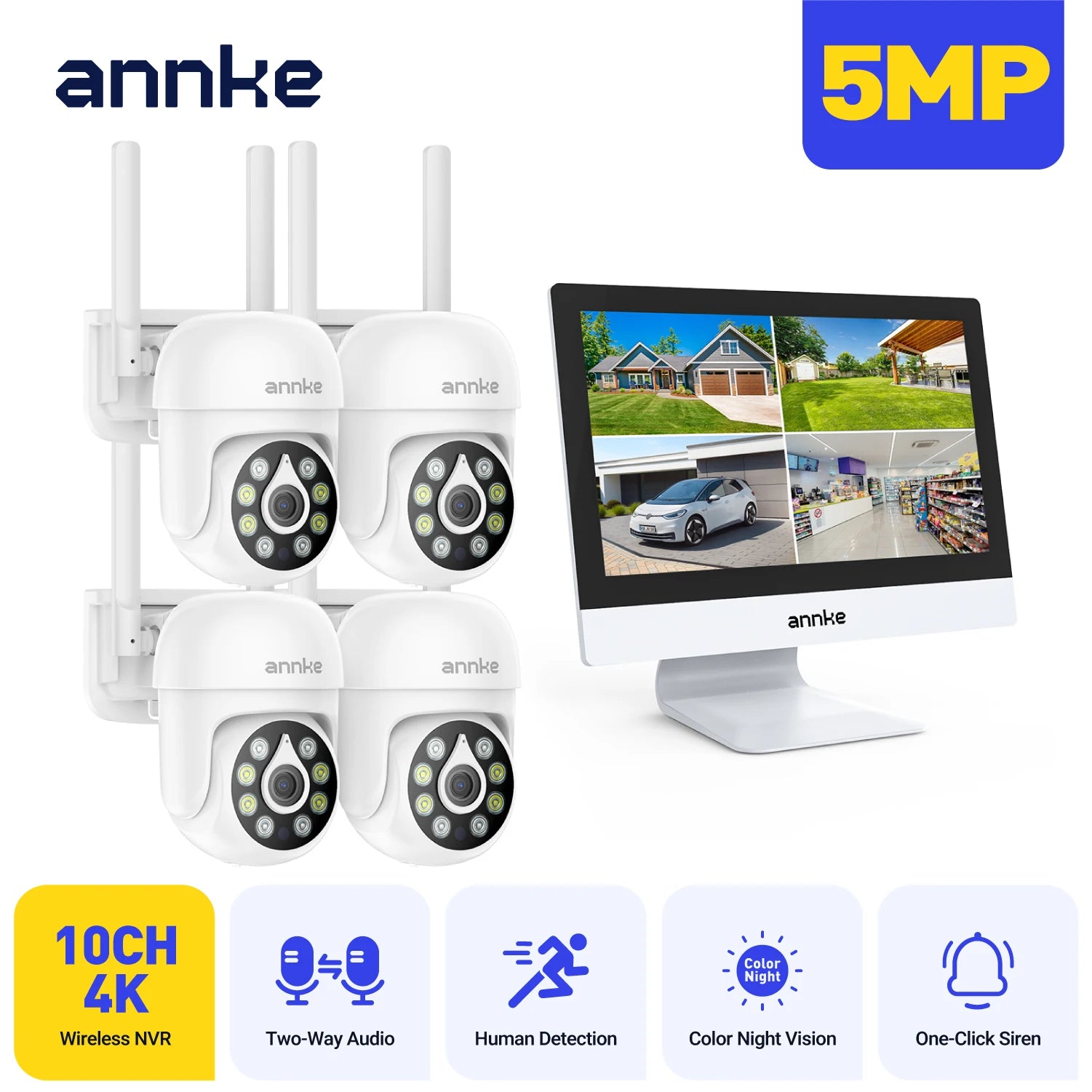ANNKE 4MP solarni CCTV sistem | 10-kanalni NVR, 5MP PTZ WiFi kamere, PIR in barvni nočni vid