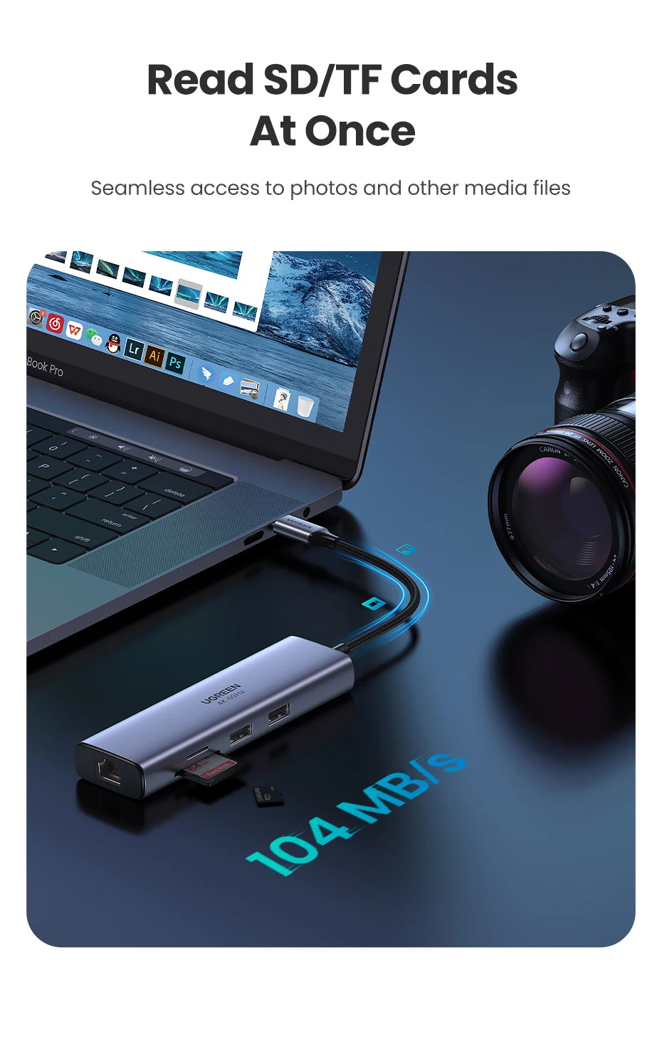 UGREEN 7-v-1 USB-C Hub s 4K60Hz HDMI, bralnikoma kartic SD/TF, USB 3.0 5Gbps, PD100W – Večvratni