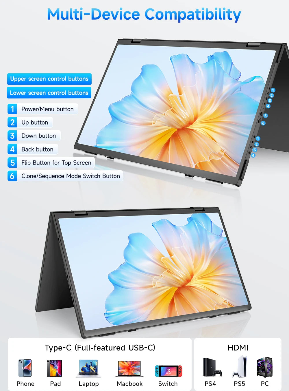EVICIV 15.6" Dual Portable Monitor 1080P FHD With 360° Flip External Computer Display For PC Laptop Mac Phone Xbox PS4/5 Switch - Limetastore