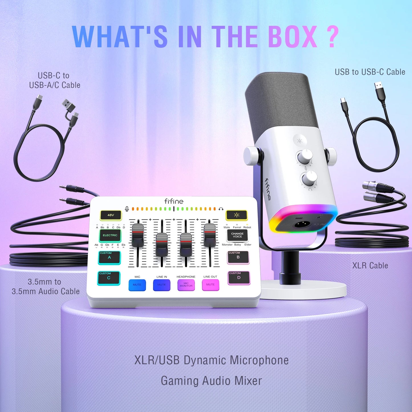 FIFINE KS5W RGB Streaming Podcast Kit | Dynamic Mic & Audio Mixer Bundle
