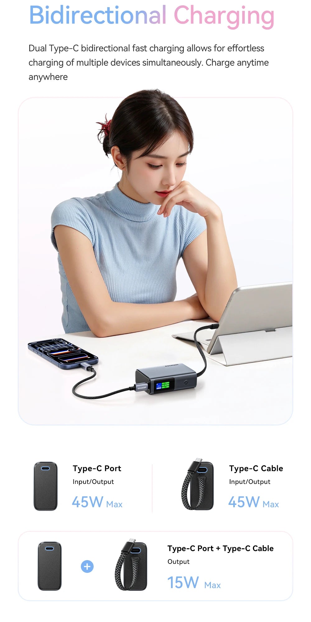 ESSAGER 45W Power Bank 10000 mAh z vgrajenim kablom USB-C
