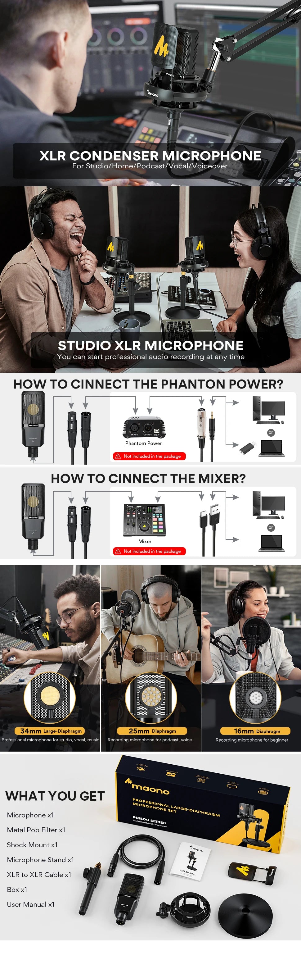 Maono PM500T – XLR Large‑Diaphragm Condenser Microphone | 34 mm Cardioid Studio Mic for Recording, Podcasting, Streaming & DJ Production
