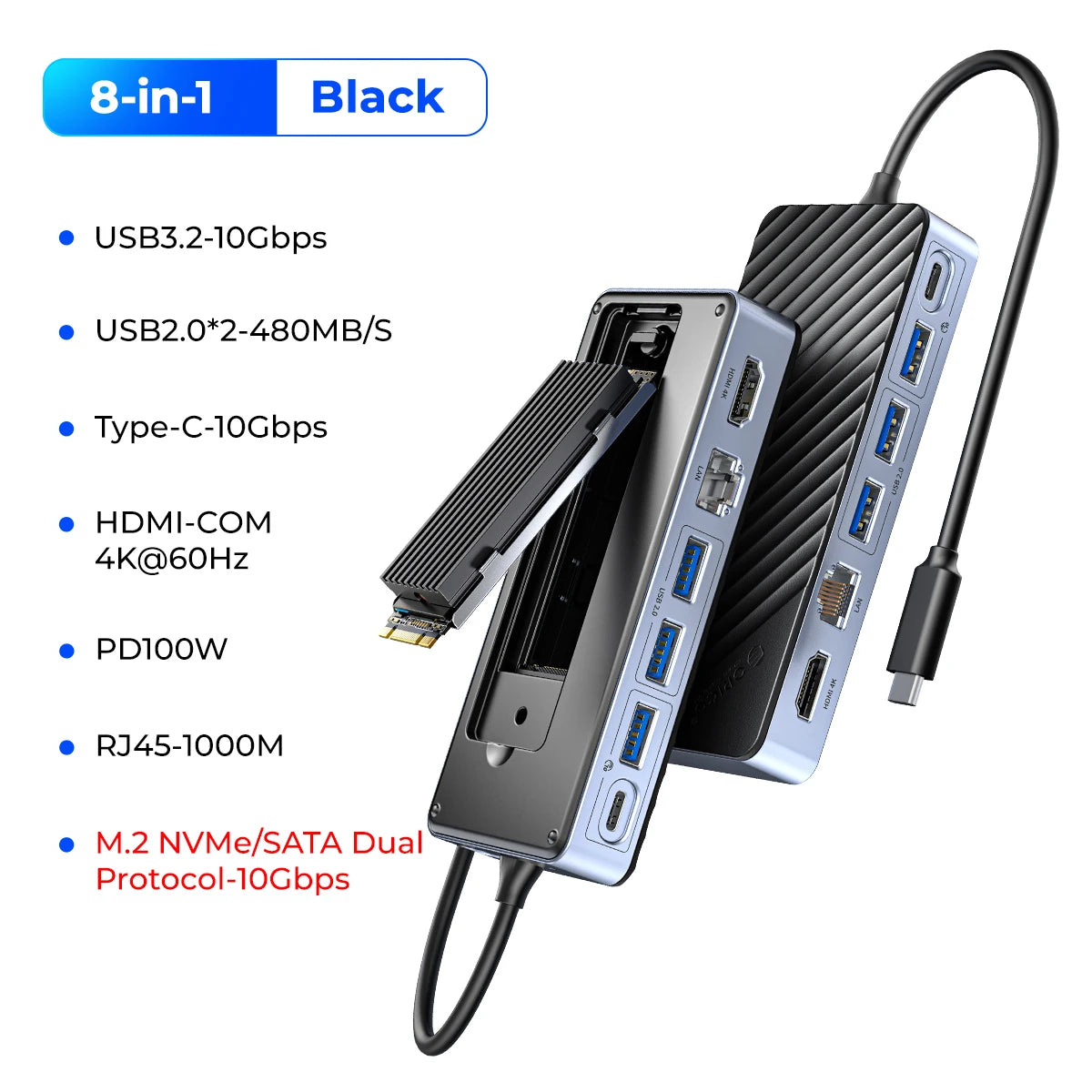 Priklopna postaja ORICO USB-C z ohišjem M.2 NVMe/SATA SSD (10 Gb/s), hladilni ventilator