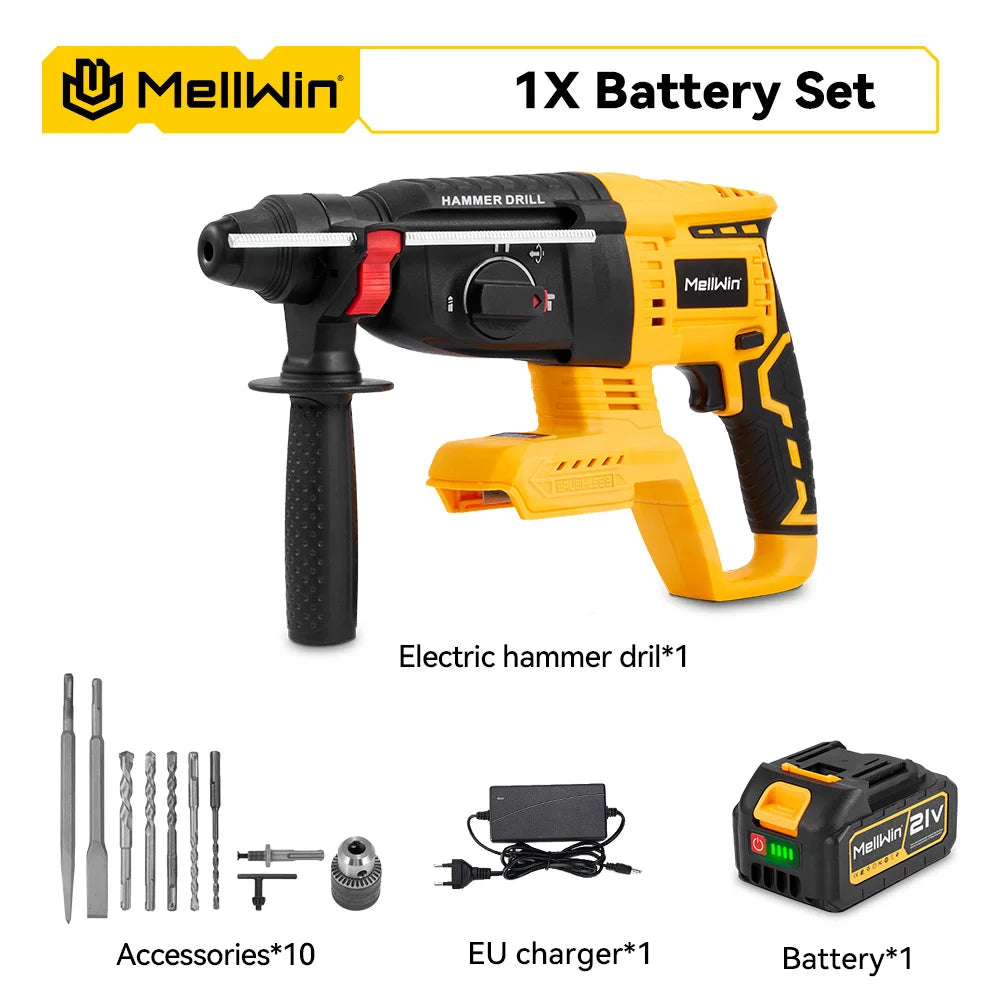 MELLWIN 26MM Brushless Electric Hammer Drill Cordless Household Rotary Impact Hammer Power Tool For Makita 18V Battery Pin - Limetastore