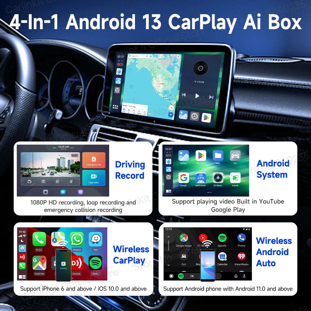 CarlinKit Android 13 8-jedrni 8+128 GB brezžični CarPlay AI Box