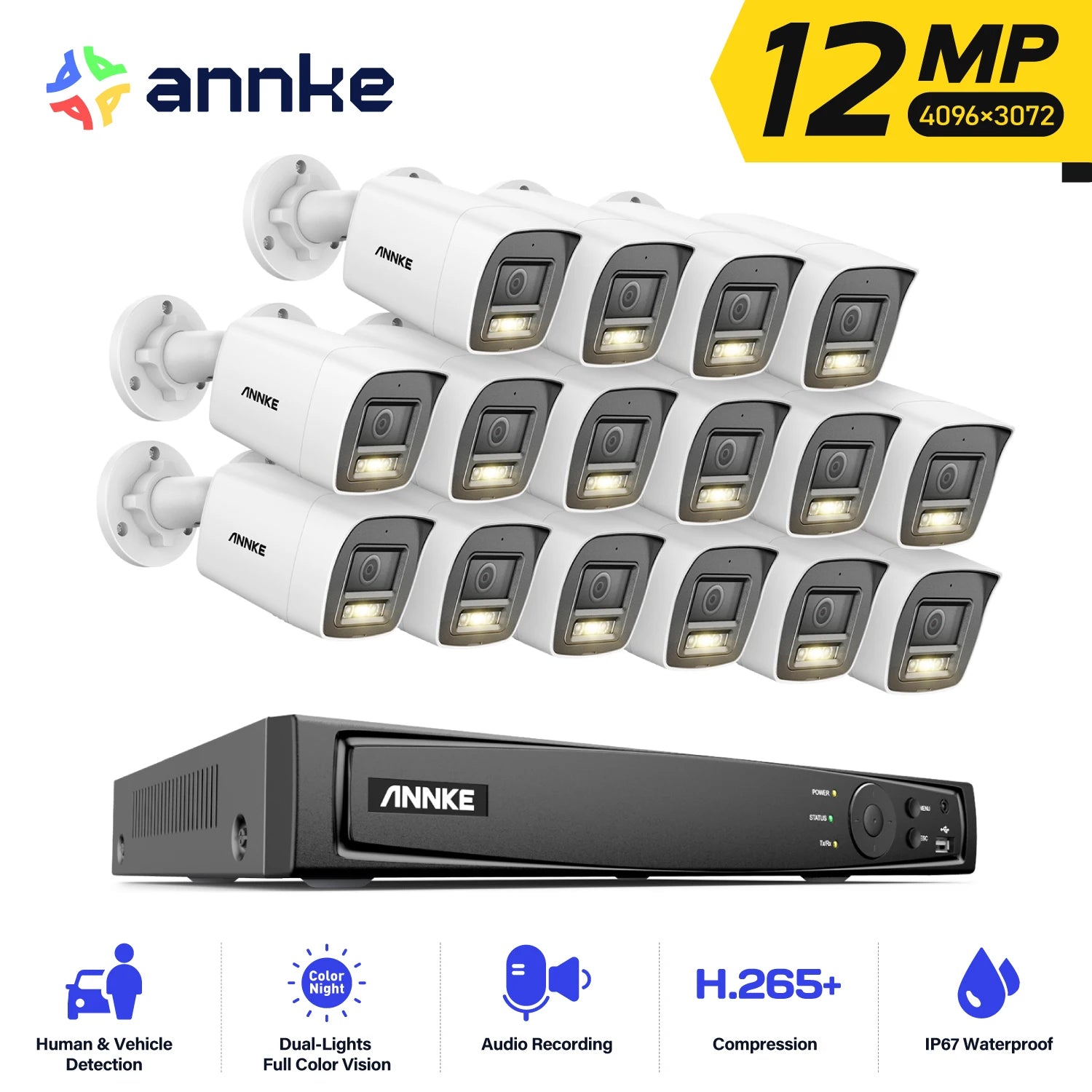 ANNKE 12MP 6K PoE CCTV sistem | 16-kanalni NVR, kamere z dvojno lučjo, zvok, zaznavanje ljudi in vozil