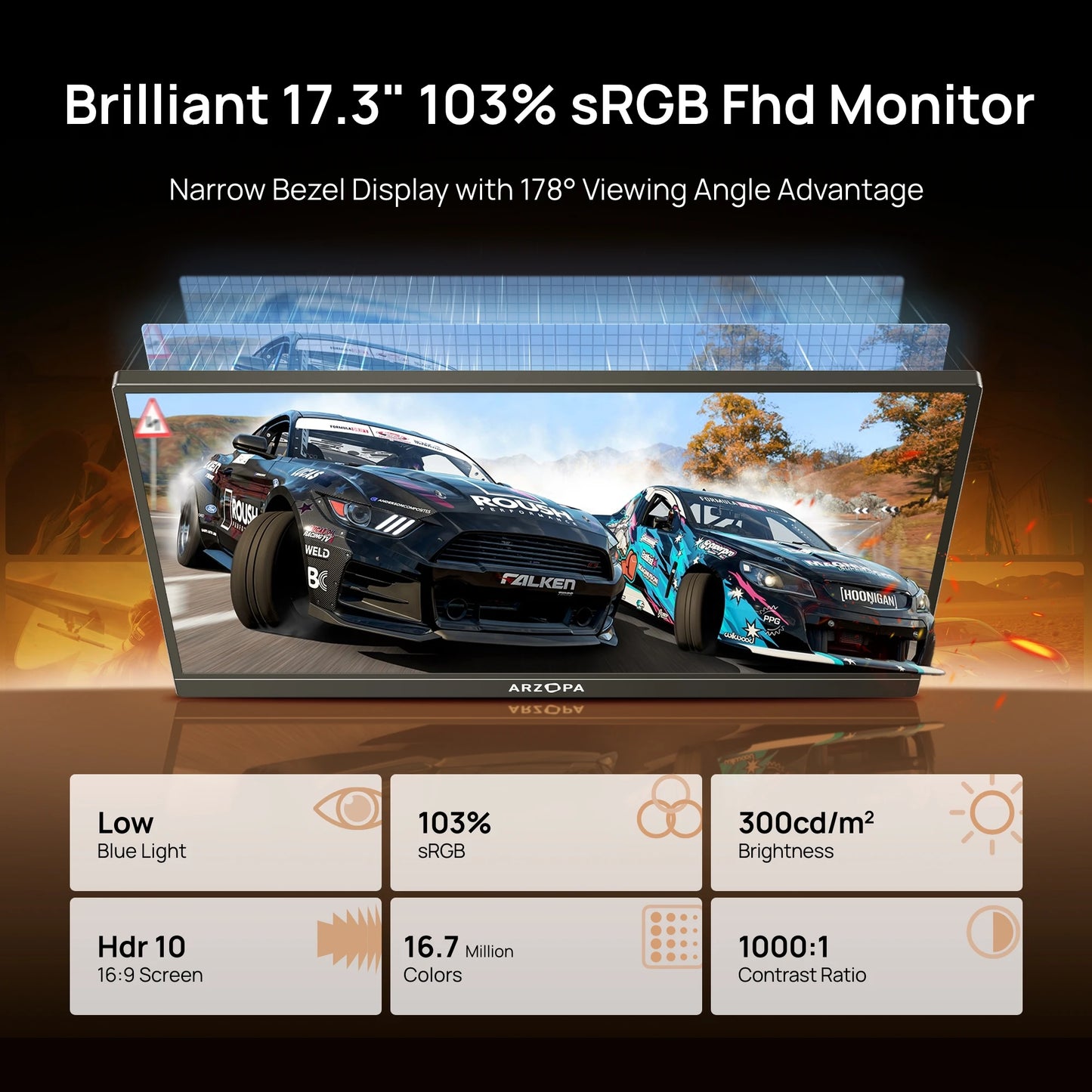 ARZOPA 17.3" Portable Gaming Monitor | 1080P FHD IPS, Kickstand, USB‑C & HDMI