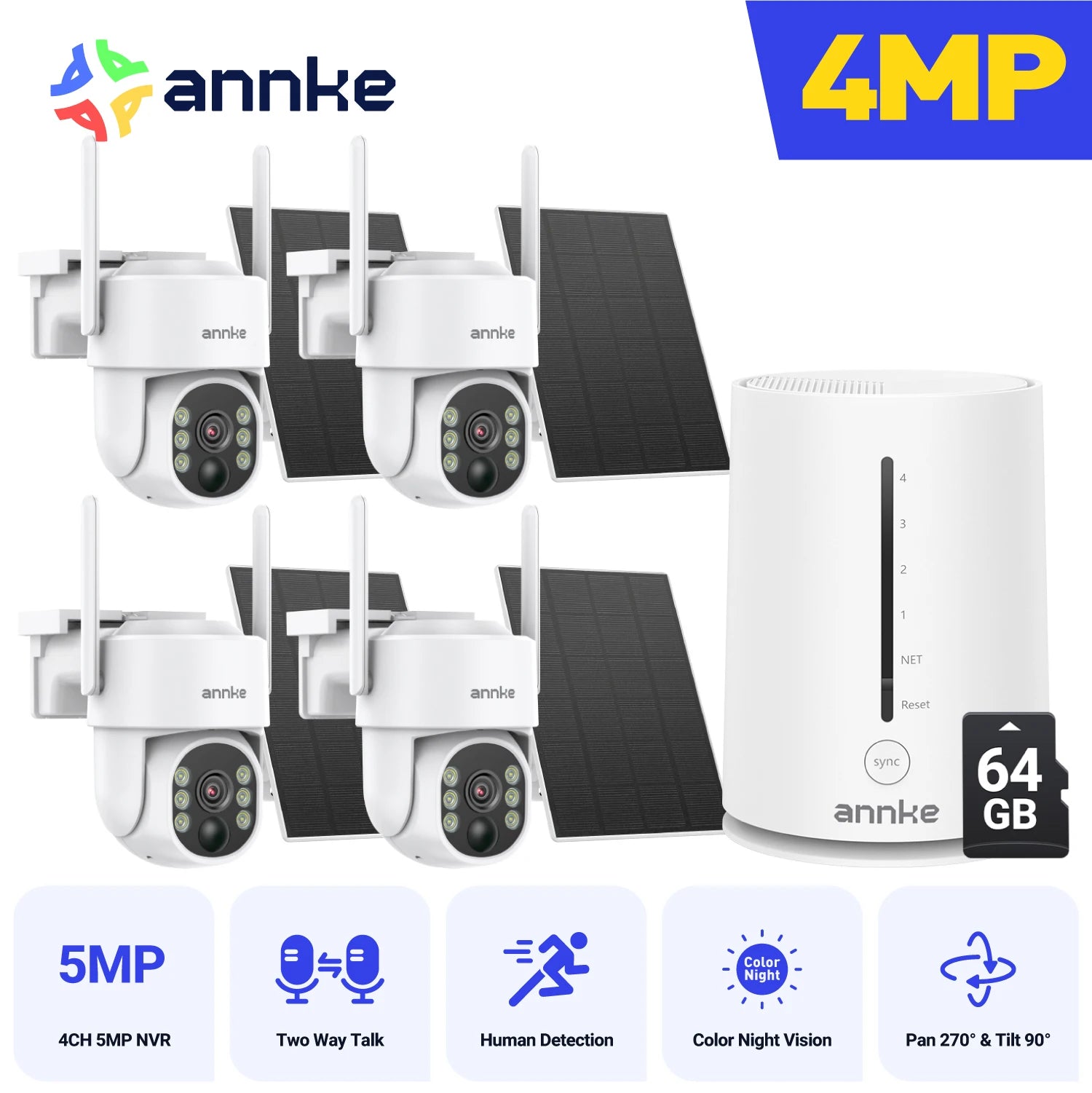ANNKE 4MP Solar Wireless Camera System | 4CH NVR, Color Night Vision, Dual‑Band WiFi