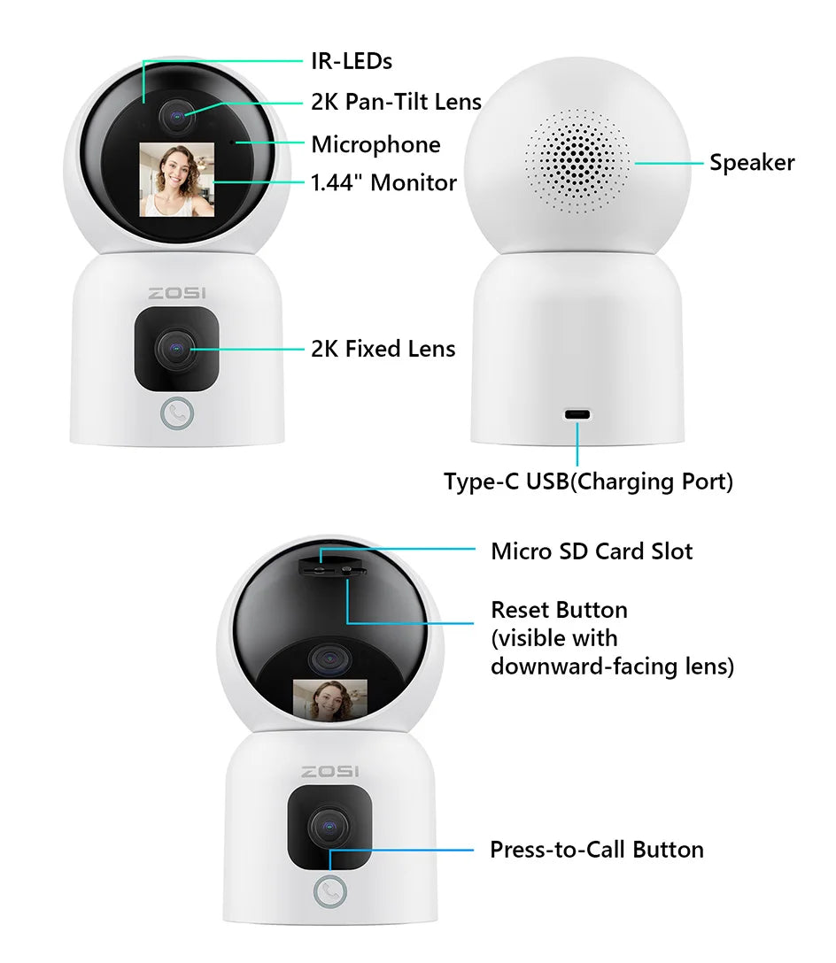 ZOSI Smart Baby Cam – WiFi PTZ Indoor Camera with AI Auto‑Tracking, 360° Panoramic View