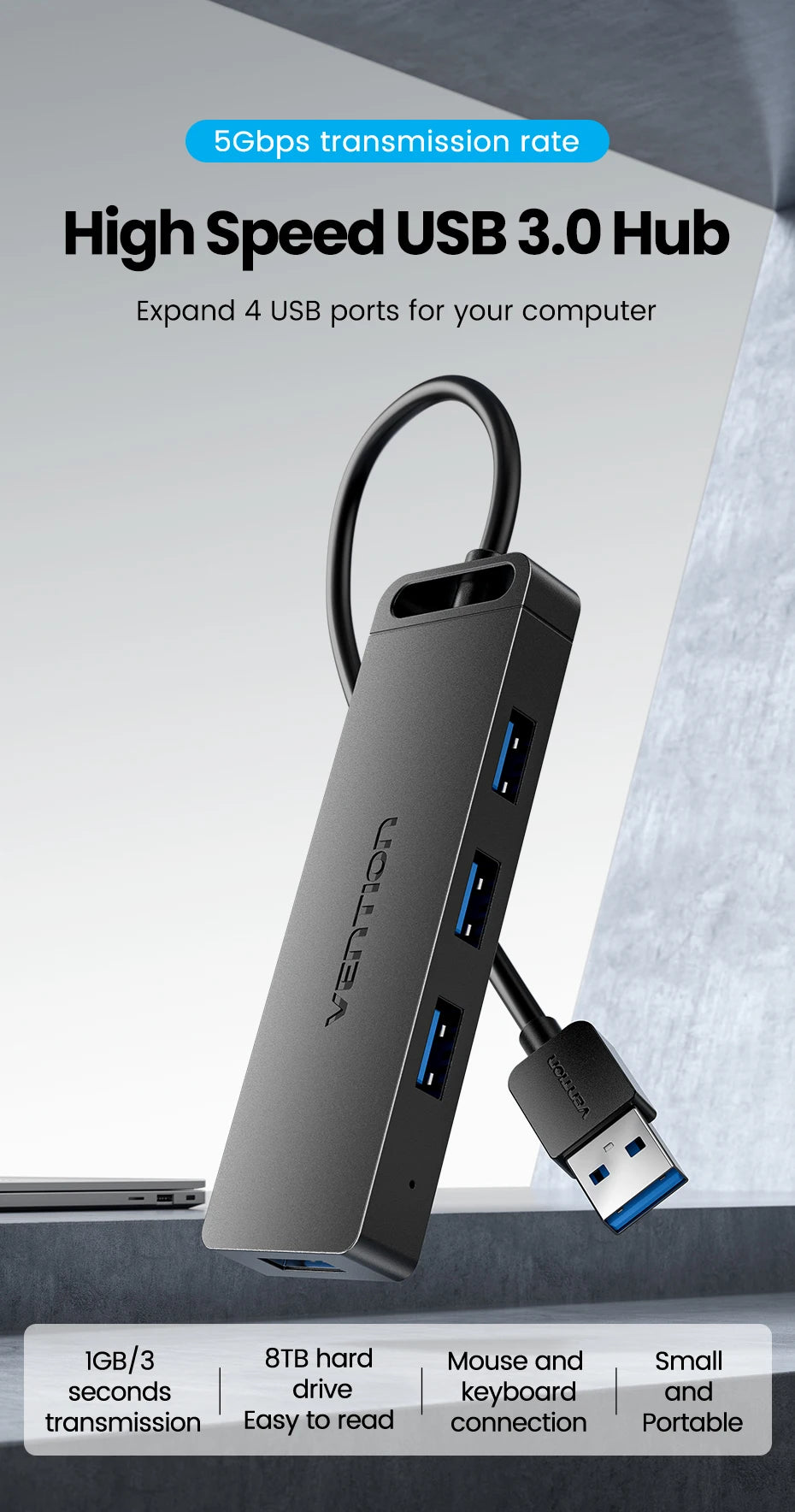 Vention USB 3.0 Hub 4‑Port | 5Gbps High‑Speed Multiport Splitter for Laptop & Desktop