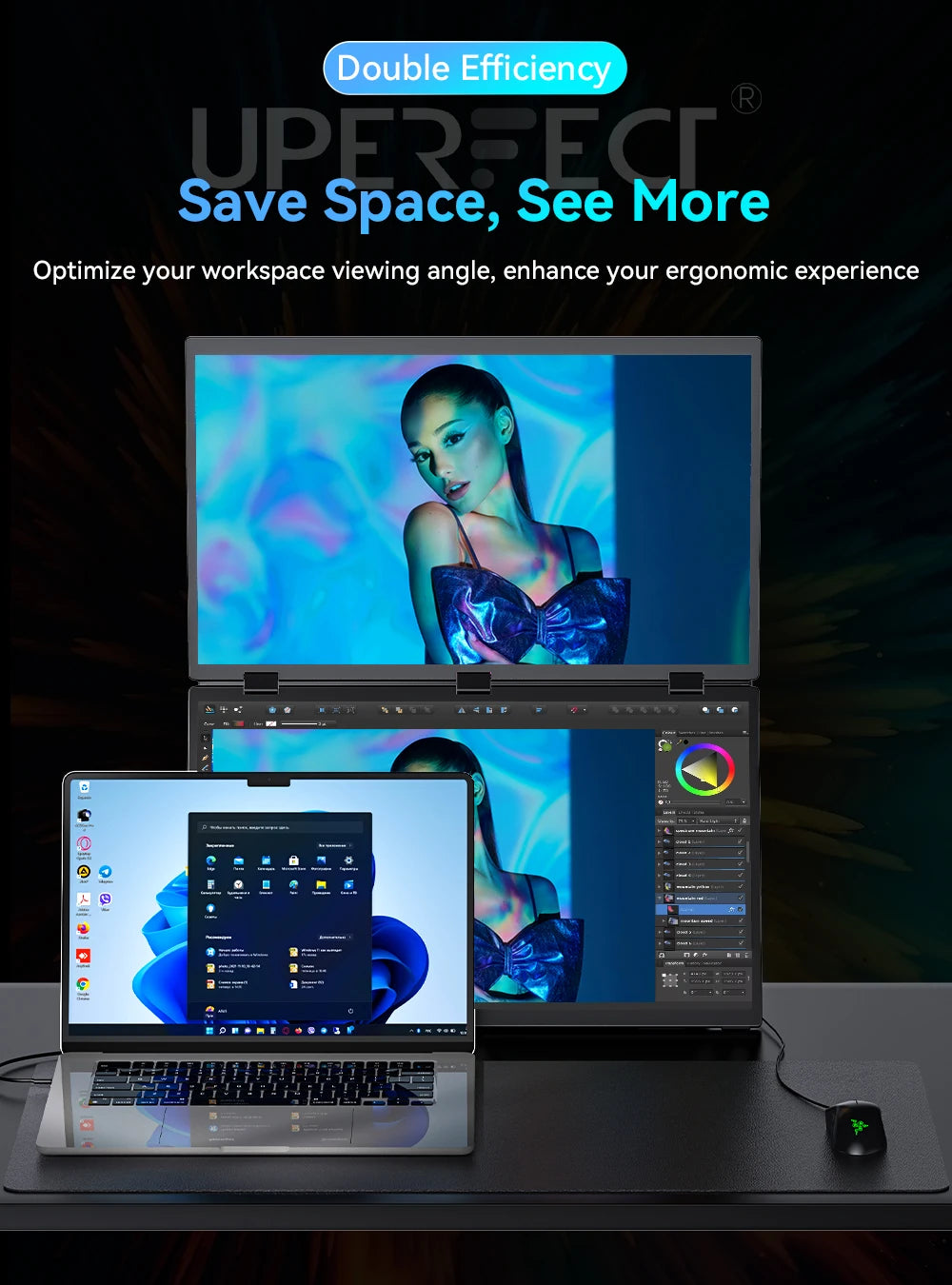 UPERFECT 18.5" Dual Screen Portable Monitor - 100Hz 100% sRGB 1080P HDR for PC, Mobile Phone, and Game Console - Limetastore