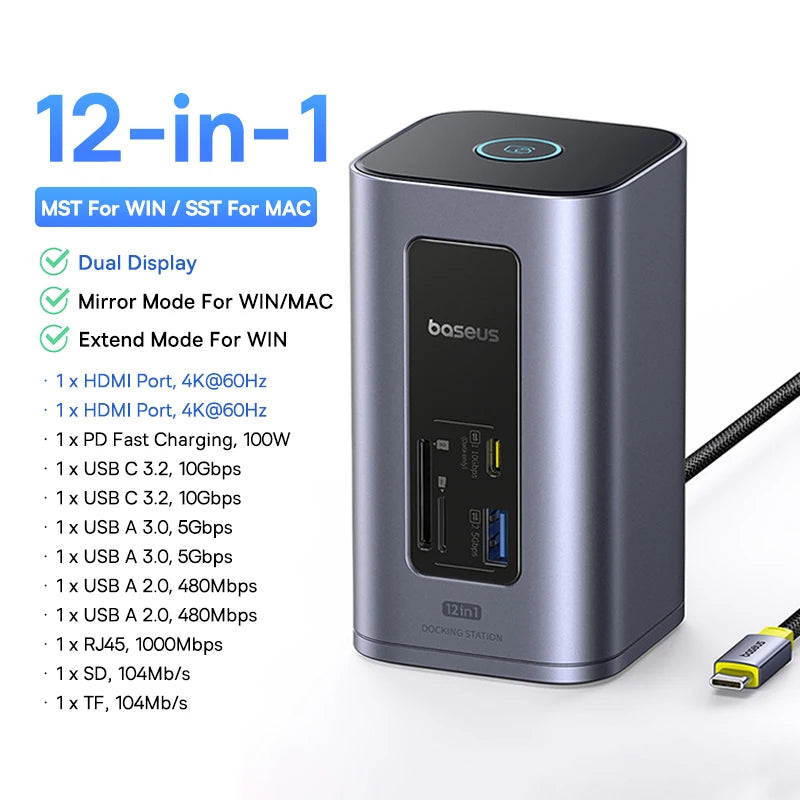 Baseus 12‑v‑1 zvezdišče USB‑C | Dvojni HDMI 4K@60Hz, USB 3.2, RJ45, SD/TF, priklopna postaja PD 100W