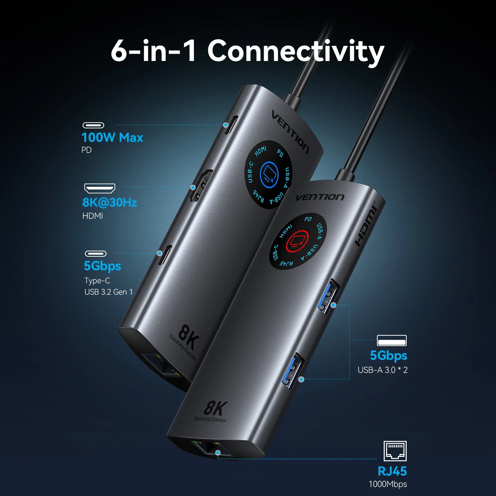 Vention vozlišče USB-C 8K/4K HDMI | LED-zaslon, USB-A/C 3.0, 3.2 Gen1, gigabitni ethernetni adapter