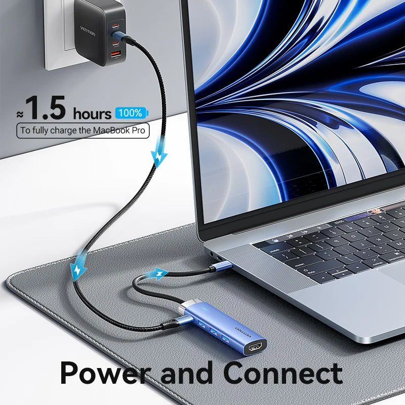Vention zvezdišče USB-C 5-v-1 | HDMI 4K, PD 100 W, priklopna postaja USB 3.0 5 Gbps