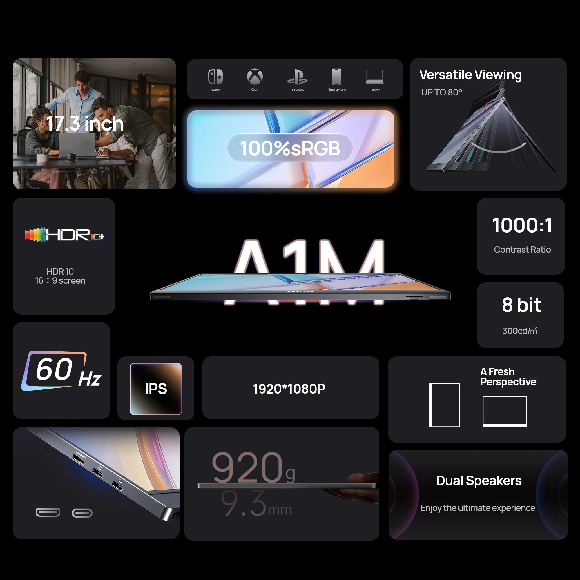 ARZOPA 17.3" Portable Gaming Monitor | 1080P FHD IPS, Kickstand, USB‑C & HDMI