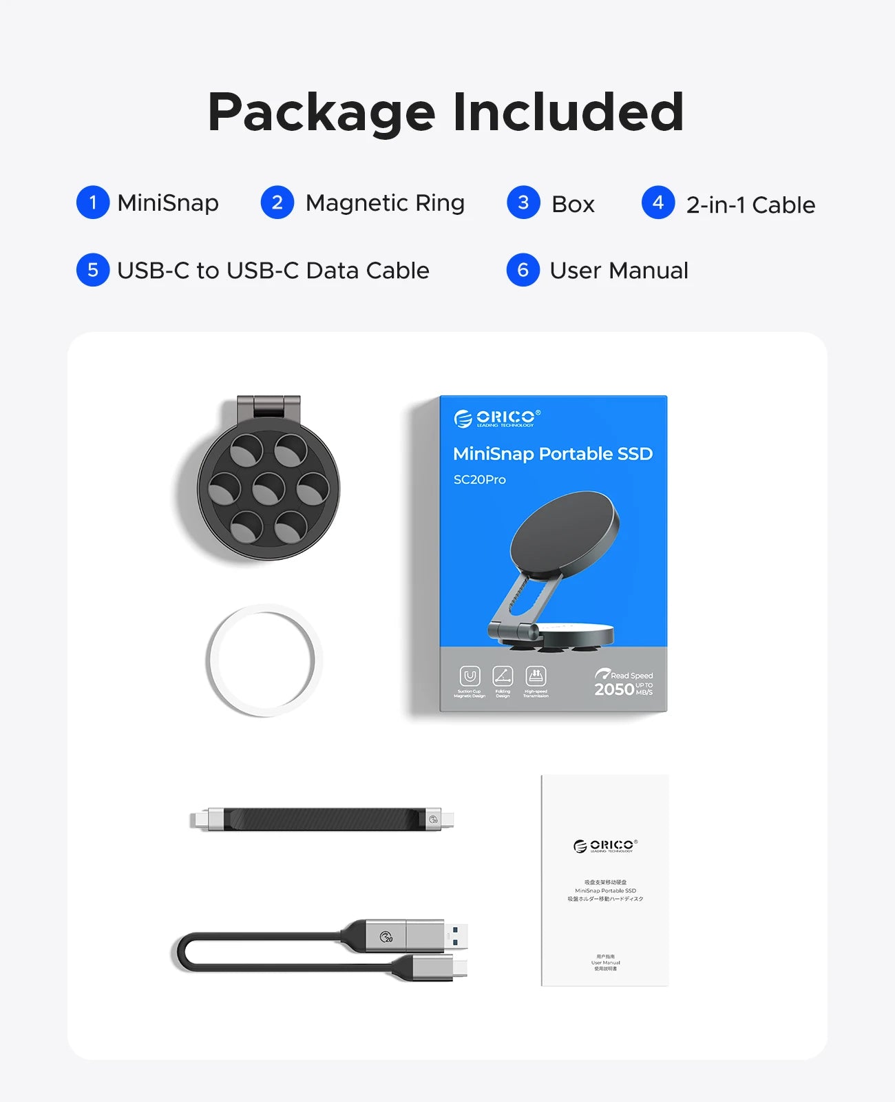 ORICO External SSD 1TB Mini Portable SSD Magnetic Ultra-Thin 2000MB/s Supports 4K ProRes HDR for Macbook PC Laptop iPhone