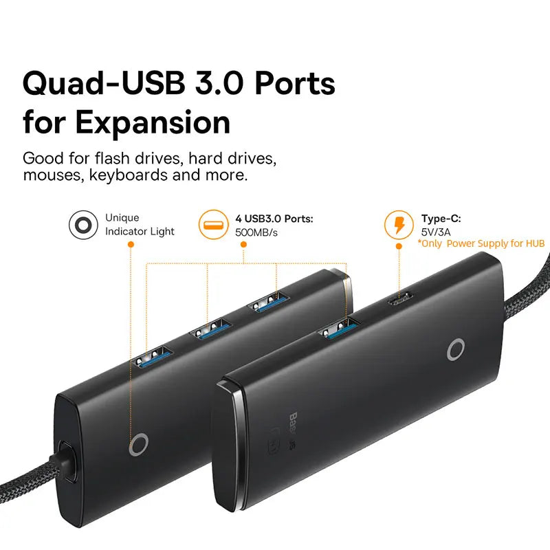 Baseus 4‑in‑1 USB‑C Hub | Type‑C to 4× USB 3.0 5Gbps Splitter Adapter for Laptop & PC