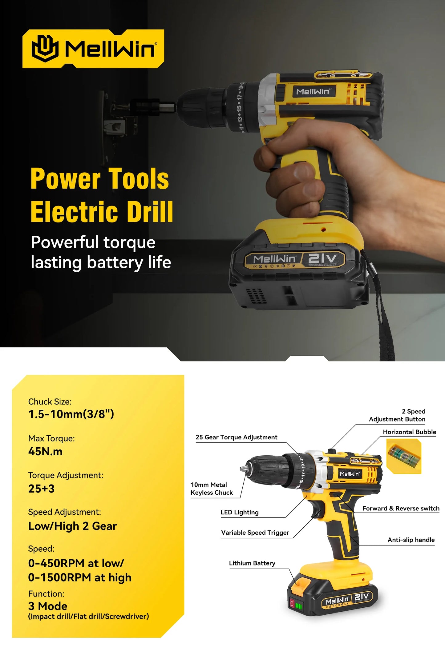 MELLWIN 25+3 Torque Electric Impact Drill 2 Speed Adjustable Cordless Electric Screwdriver Power Tool For Makita 18V Battery Pin - Limetastore
