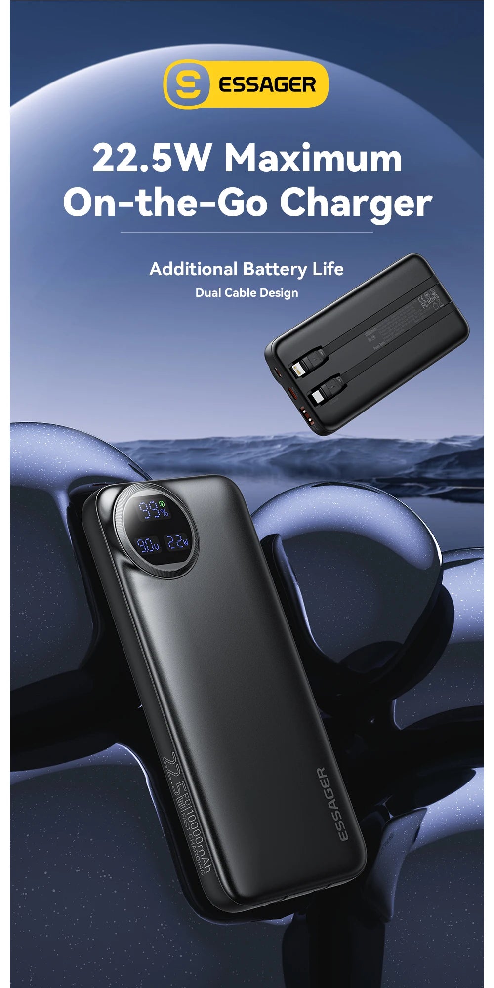 ESSAGER 22.5W prenosna baterija 20000 mAh z dvema vgrajenima kabloma