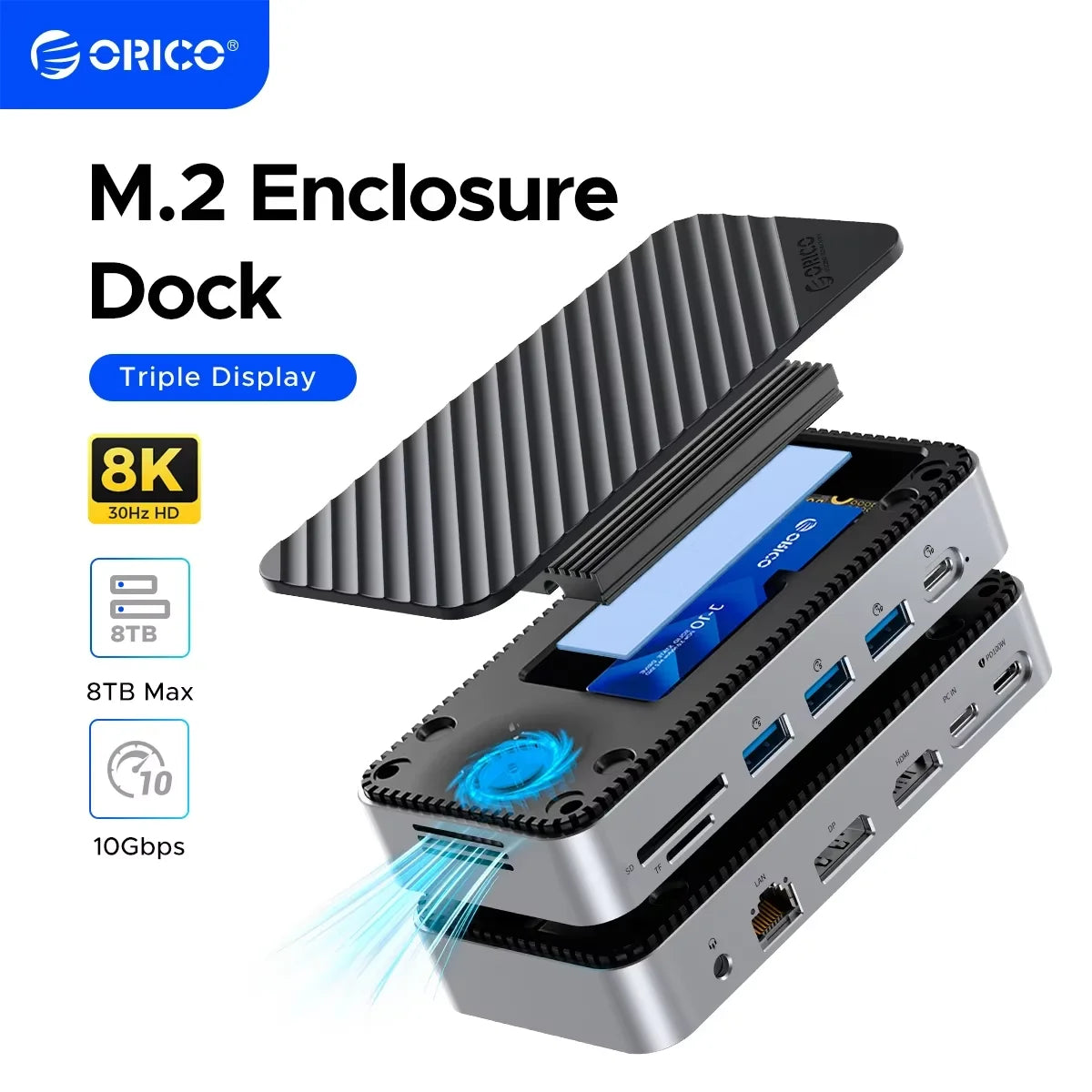 ORICO M2P11 USB‑C Display Hub with Cooling Fan, M.2 NVMe/SATA SSD Enclosure