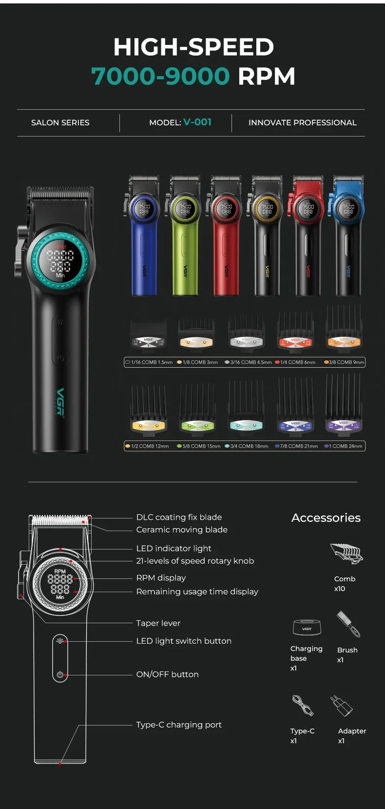VGR V-001 PRO Hair Clipper – 9,000 RPM, 4600mAh, 300-Min Runtime