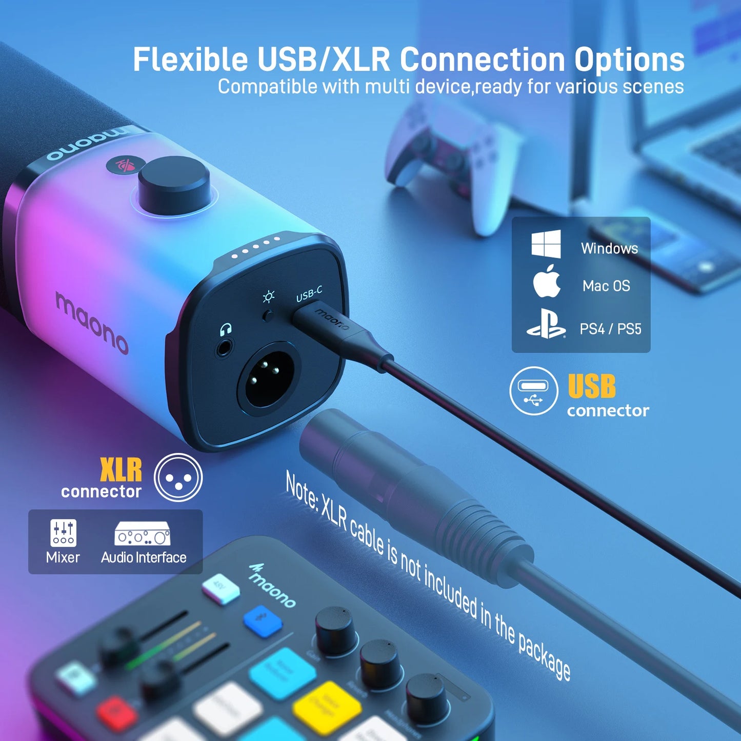 Maono PD100X – USB/XLR Dynamic RGB Gaming Microphone | Noise Reduction, Mute Button & Headphone Monitoring for Streaming & Podcasting