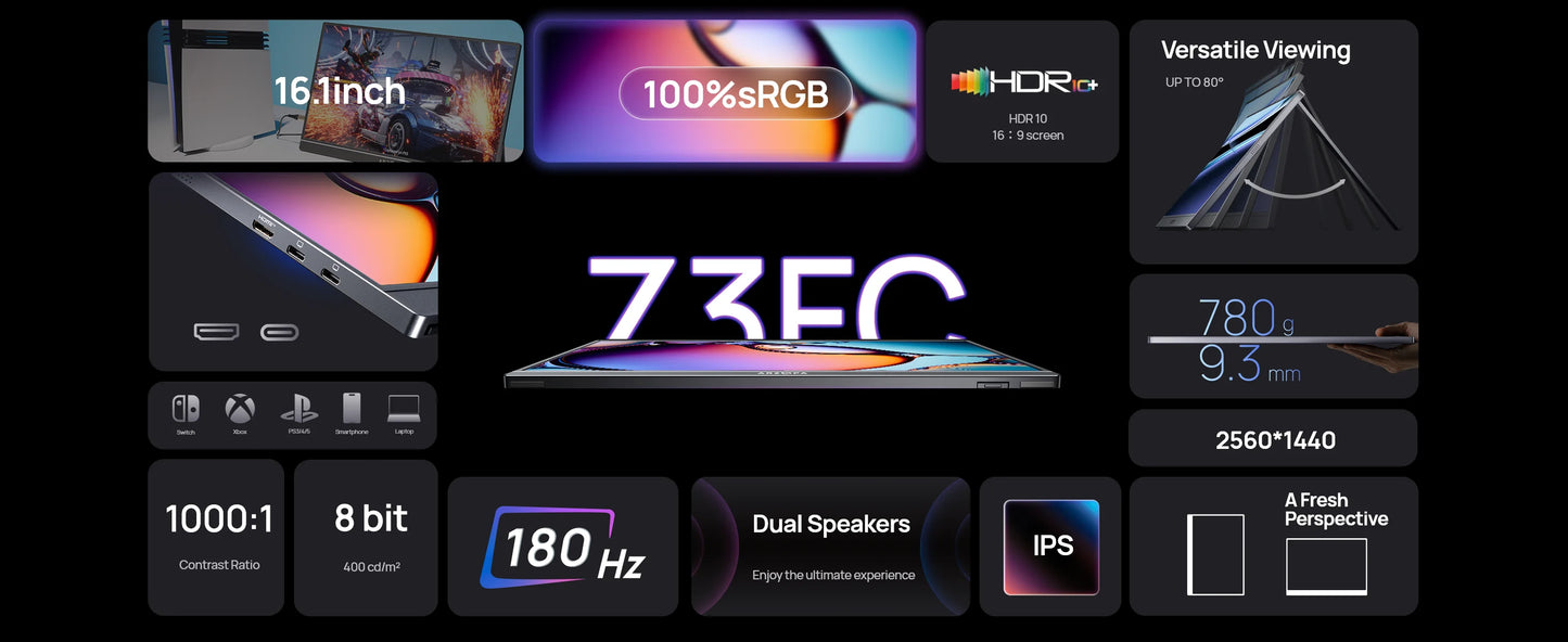 ARZOPA Z3FC 16.1" Portable Monitor | 2.5K QHD, 180Hz, HDR, IPS, Gaming & Work