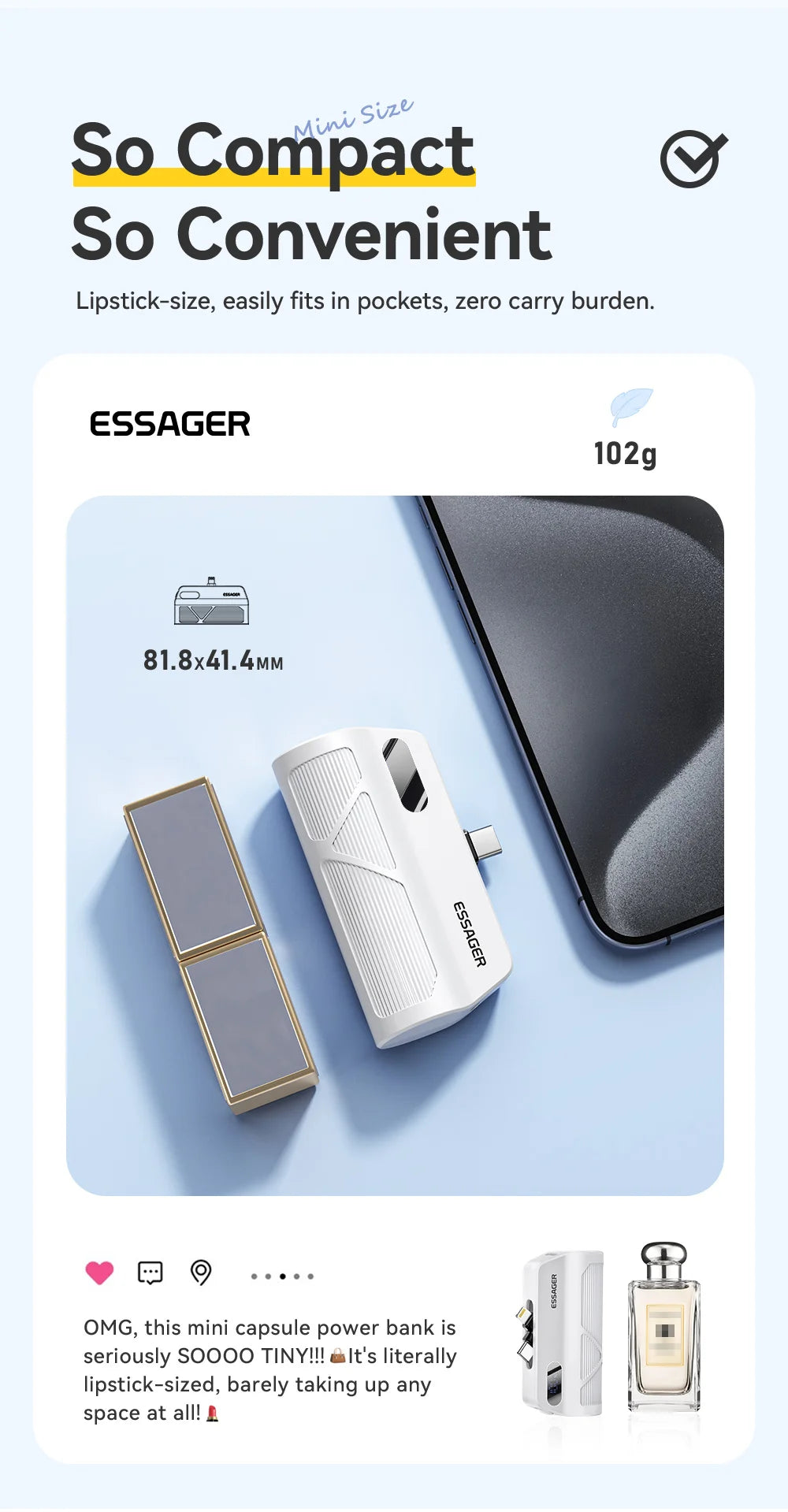 ESSAGER Mini kapsula prenosna baterija 5000 mAh 20 W PD hitro polnjenje
