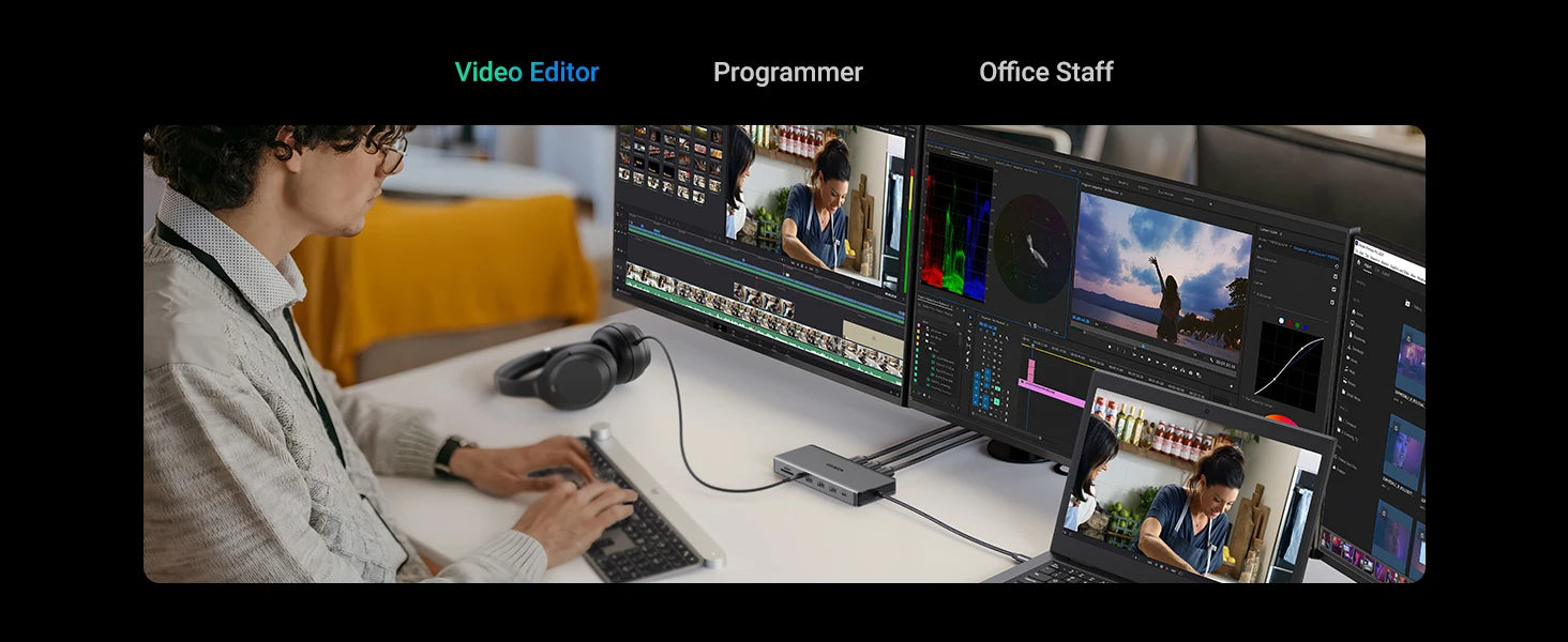 UGREEN 13-v-1 zvezdišče USB-C s trojnim zaslonom (DP 4K60Hz + dvojni HDMI 4K60Hz), USB-A/C 10Gbps