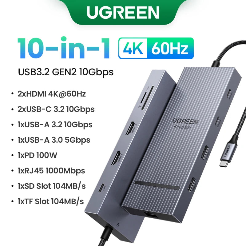 UGREEN 10Gbps USB-C zvezdišče s HDMI 4K60Hz, gigabitnim RJ45, PD100W, SD/TF in USB-A/C priključki