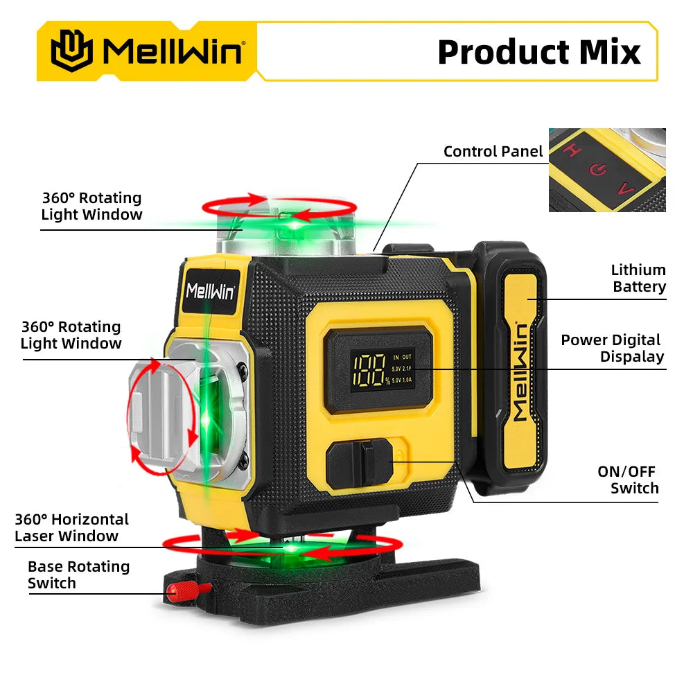 MELLWIN 16 Lines Laser Level APP Remote Control Selfleveling 360 Horizontal & Vertical Laser level With 6Ah Big Li-ion Battery - Limetastore