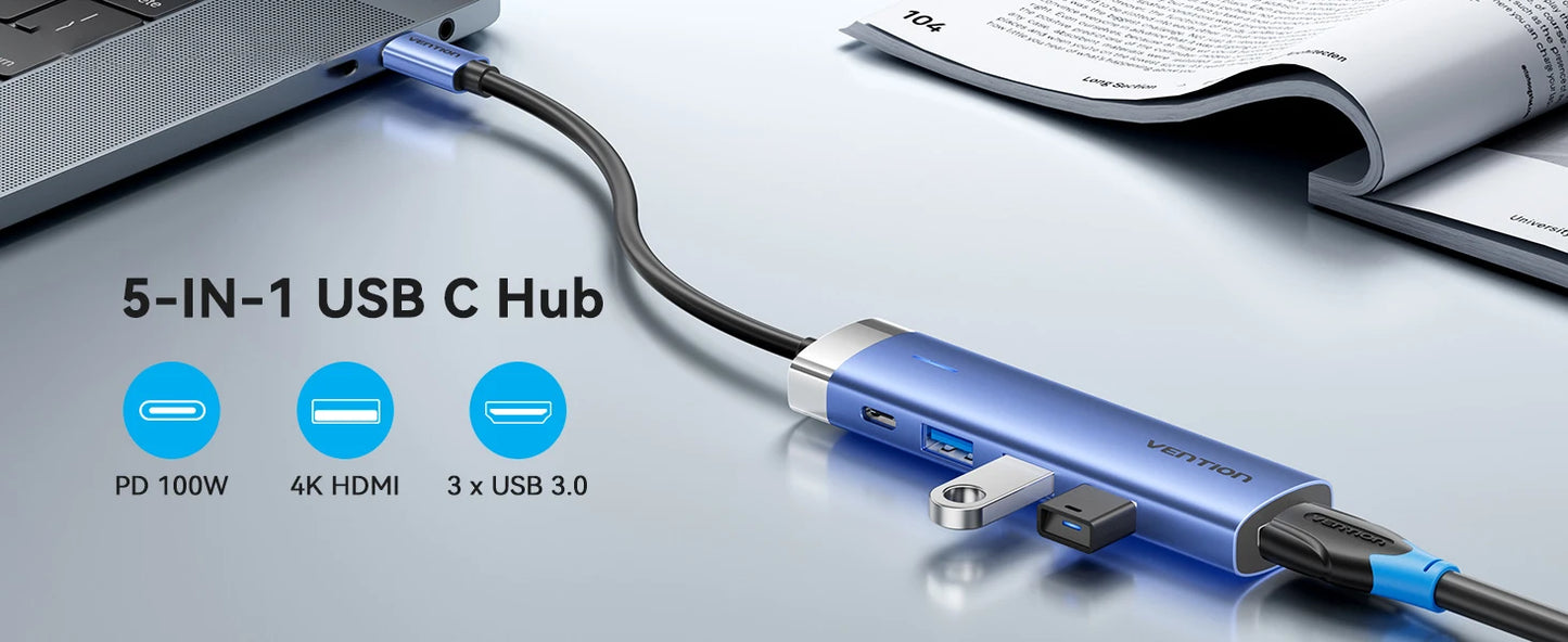 Vention zvezdišče USB-C 5-v-1 | HDMI 4K, PD 100 W, priklopna postaja USB 3.0 5 Gbps