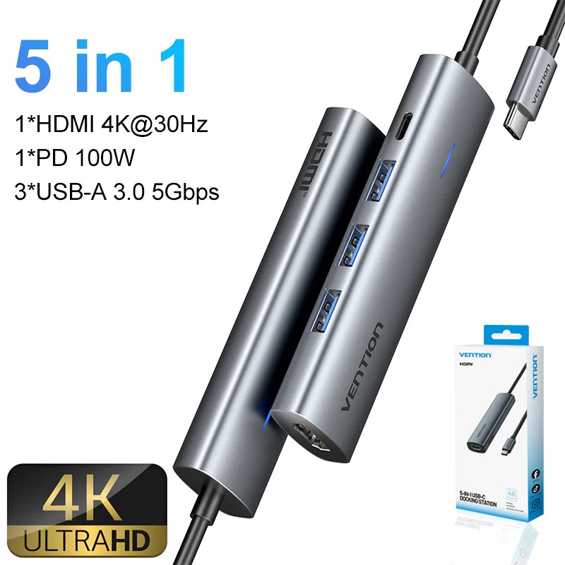 Vention 5-v-1 USB-C Hub | 4K60Hz HDMI, USB 3.0, PD100W Večportni priklop za MacBook & Android