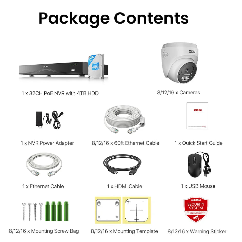 ZOSI 4K 16-kanalni varnostni sistem s kamerami PoE – 8MP notranje/zunanje IP kamere s 16-portnim 32-kanalnim NVR-jem