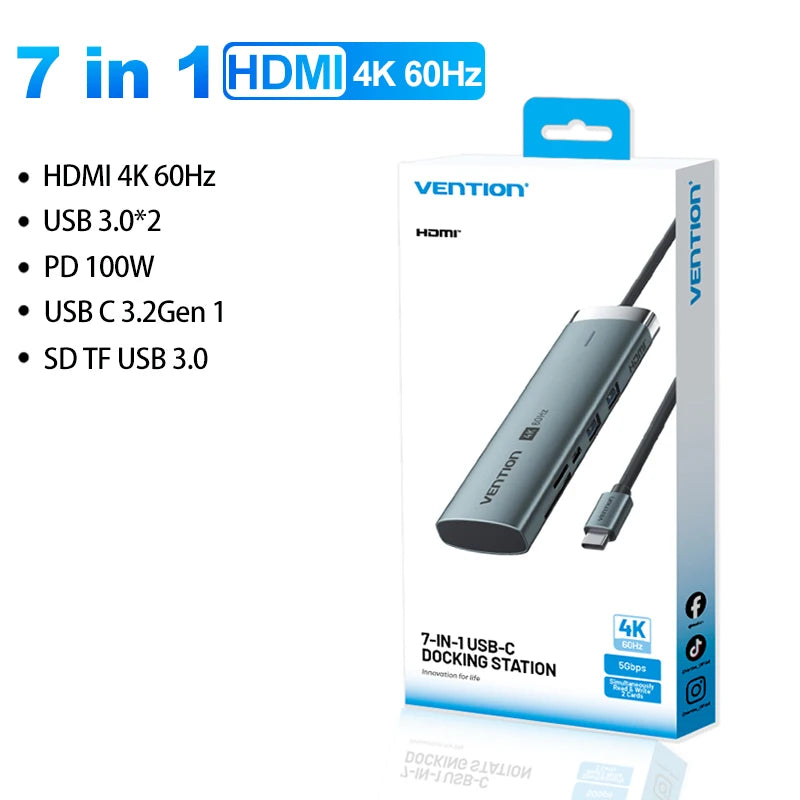Vention USB‑C 7‑in‑1 Hub | 4K60Hz HDMI, USB 3.0, SD/TF, PD 100W Docking Station
