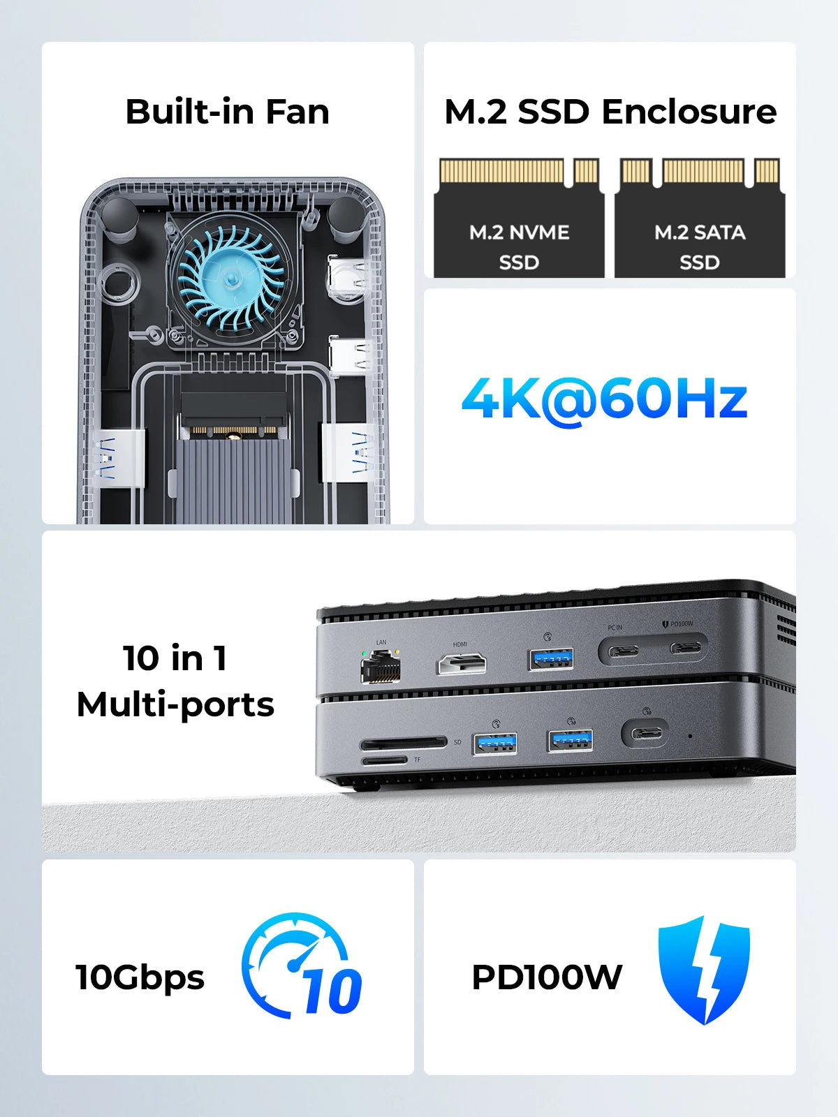 ORICO USB-C Hub priklopna postaja s hladilnim ventilatorjem, M.2 NVMe/SATA SSD ohišjem