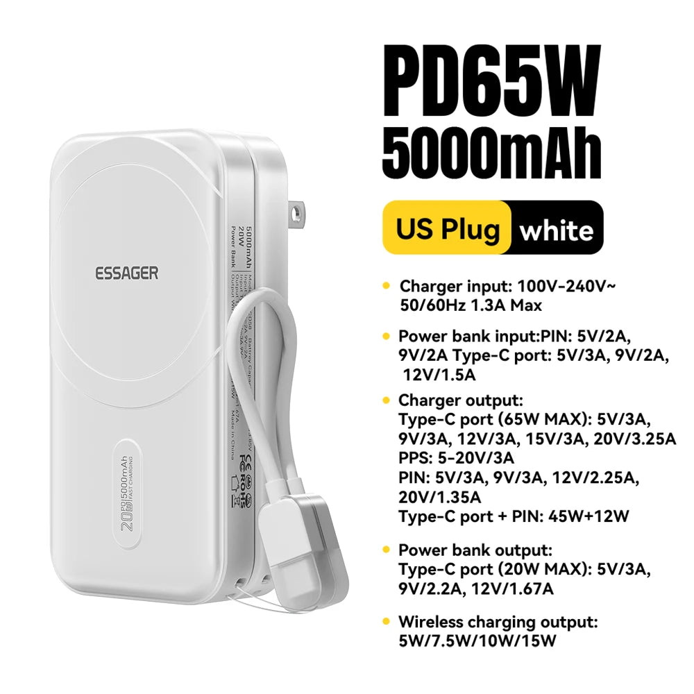 ESSAGER 3-v-1 magnetna 65W GaN polnilna baterija 5000 mAh