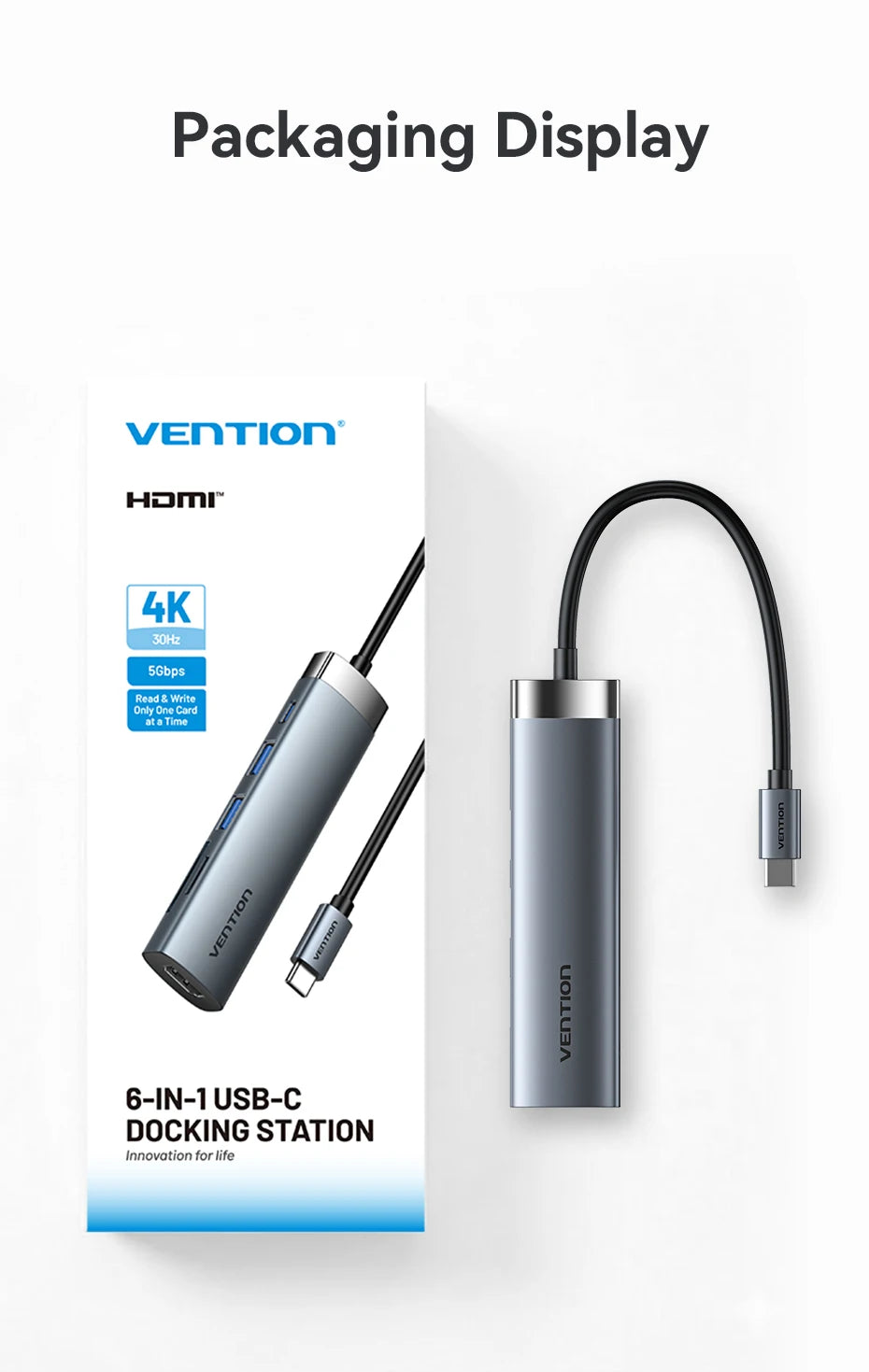 Vention USB‑C HDMI Hub | 4K30Hz, USB 3.0, SD/TF, PD 100W Multiport Adapter