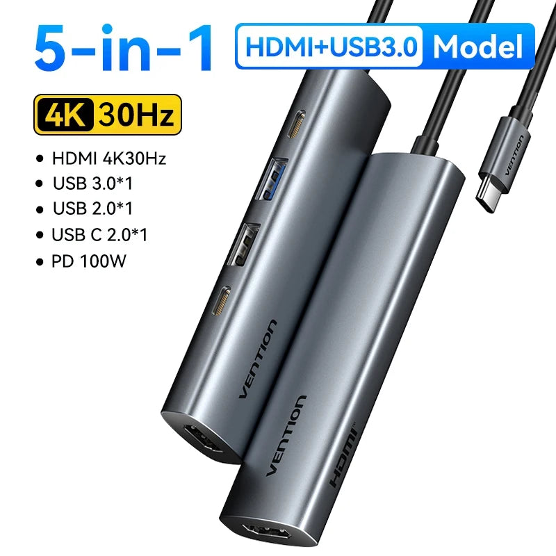 Vention zvezdišče USB‑C 6‑v‑1 | HDMI 4K, PD 100W, RJ45, priklopna postaja USB 3.0
