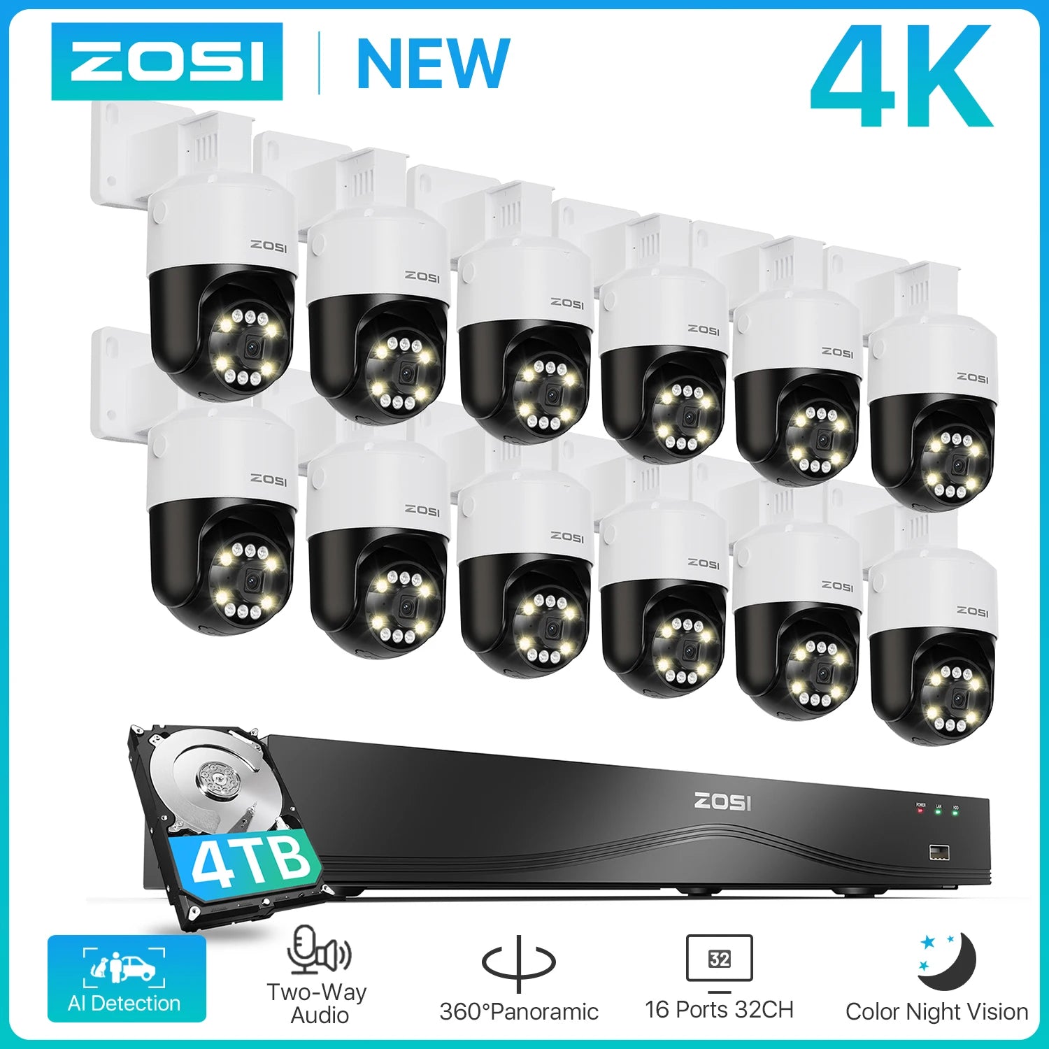 Varnostni kamerovni sistem ZOSI 4K 32CH PoE – 8MP zaznavanje ljudi/vozil z umetno inteligenco, NVR z dvojnim diskom in samodejno sledenje