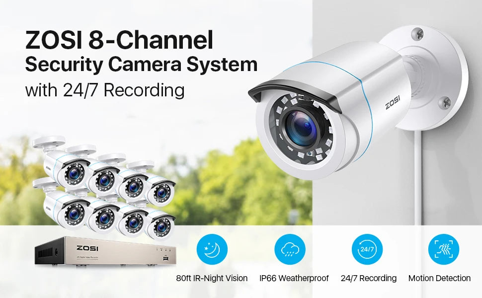 Žični varnostni sistem s kamerami ZOSI 8CH 1080p – H.265+ DVR z 8 zunanjimi kamerami CCTV 2MP