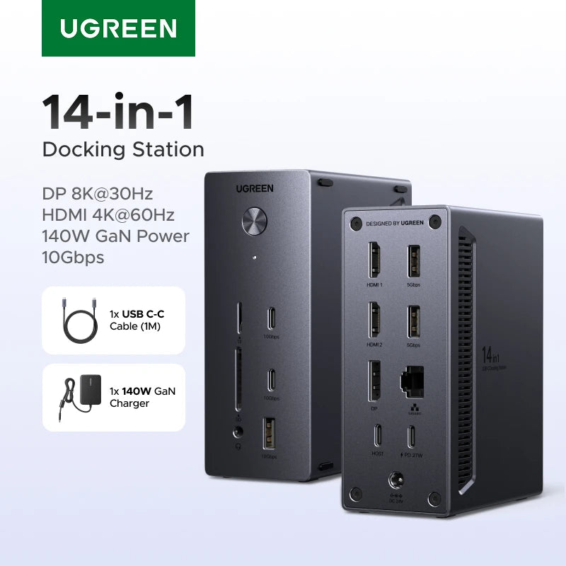 UGREEN 14‑in‑1 USB‑C Docking Station with 4K120Hz DisplayPort, Dual 4K60Hz HDMI