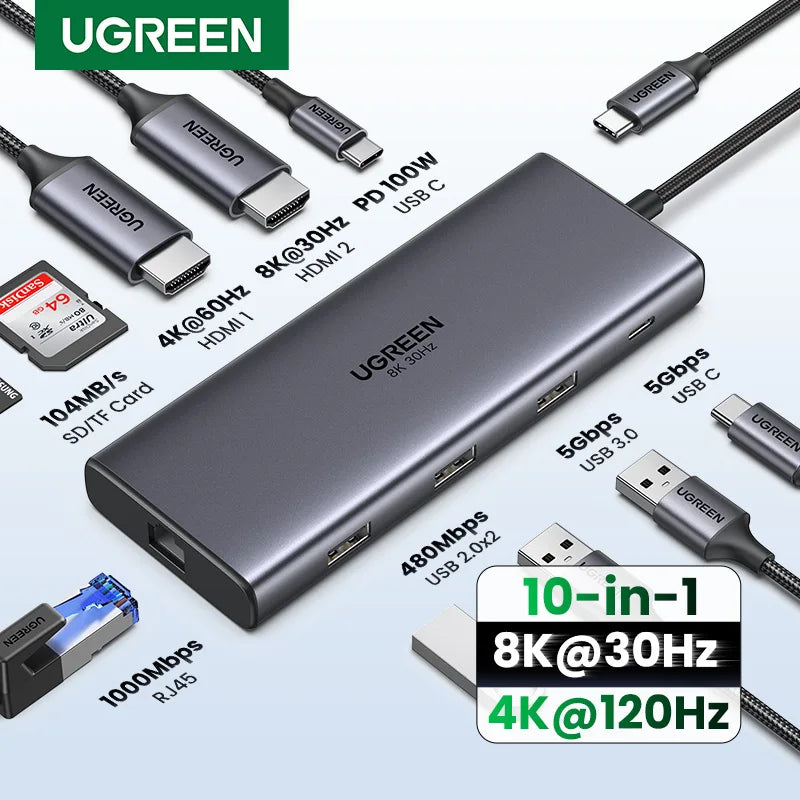 UGREEN 10-v-1 dvojni HDMI USB-C hub z izhodom 8K in 4K, gigabitnim Ethernetom, USB 3.0, PD100W