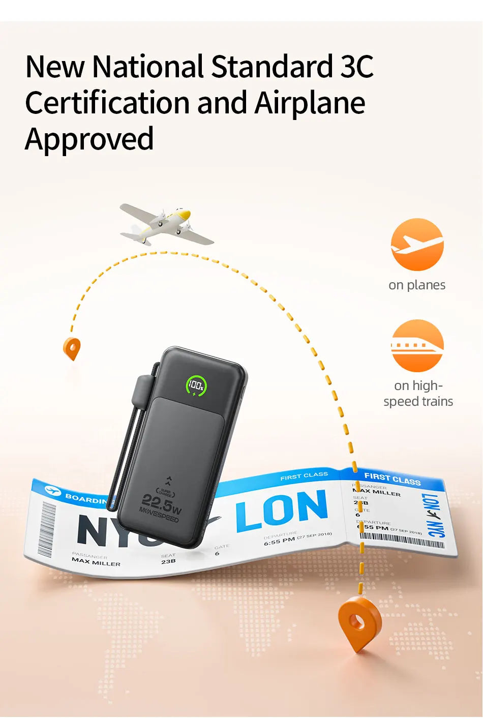 MOVESPEED 10000 mAh Power Bank poltrda baterija s kablom Type-C