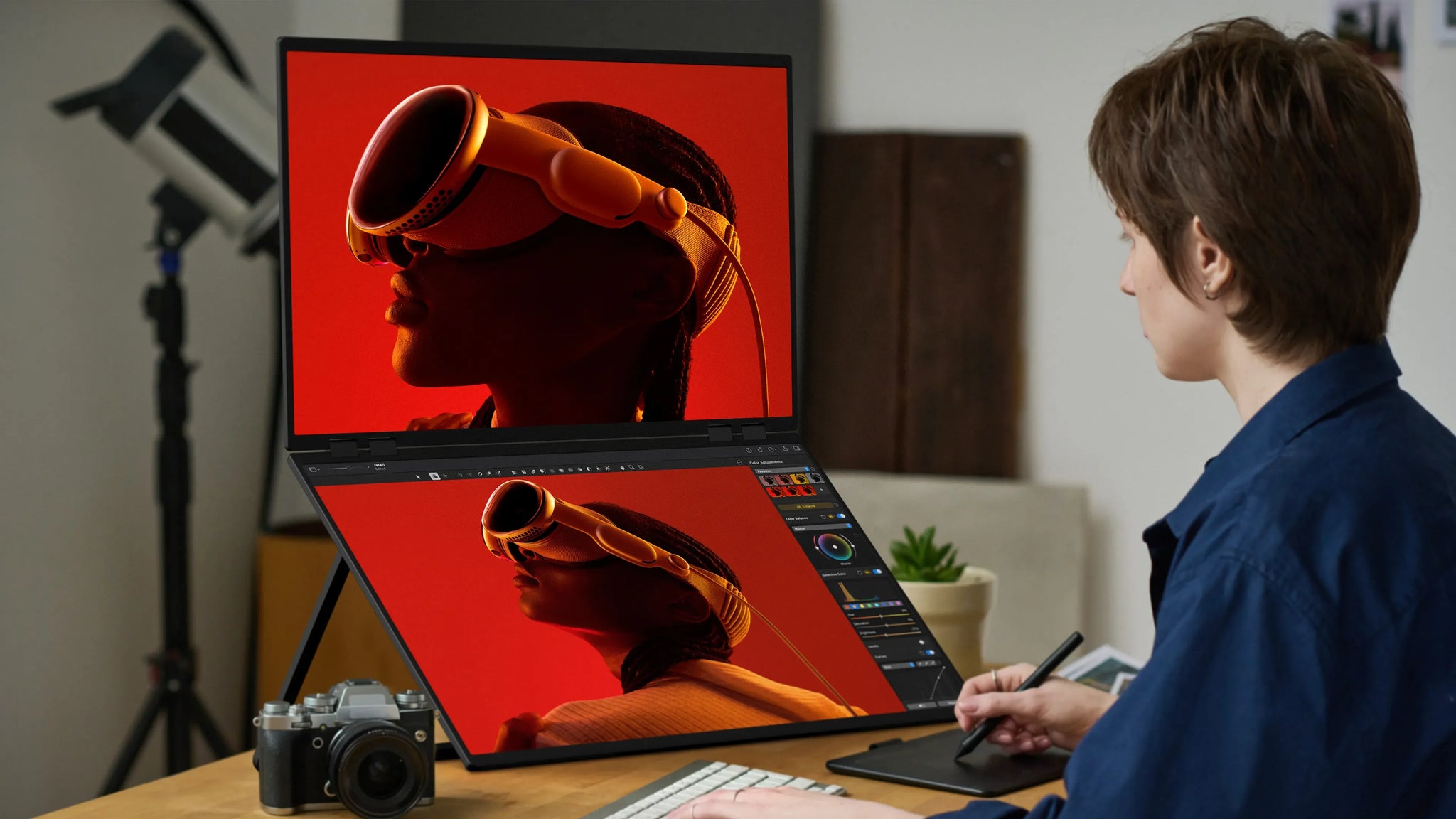 23.8" 100Hz Dual Screen Stacked Computer Monitor 1080P HDR 360° Folding Triple Portable Display for Laptop PC Phone Game Console - Limetastore