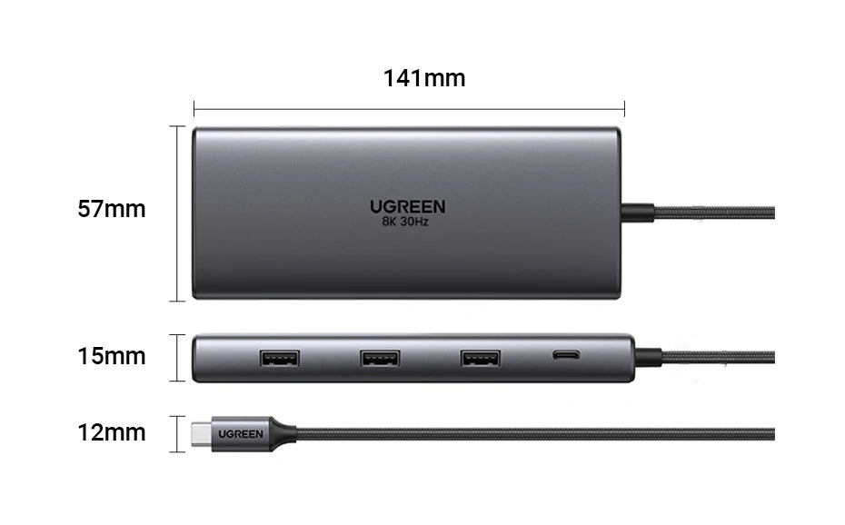 UGREEN 10-v-1 dvojni HDMI USB-C hub z izhodom 8K in 4K, gigabitnim Ethernetom, USB 3.0, PD100W
