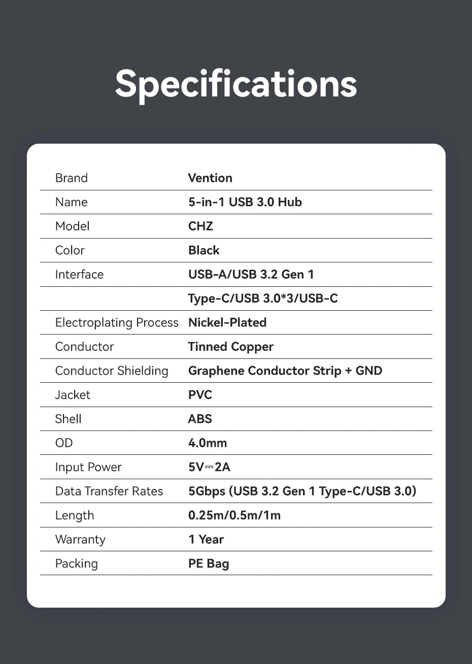 Vention USB 3.0 / USB-C 3.2 Gen1 RGB zvezdišče | 4-portni 5Gbps namizni razdelilnik za PC in prenosnik
